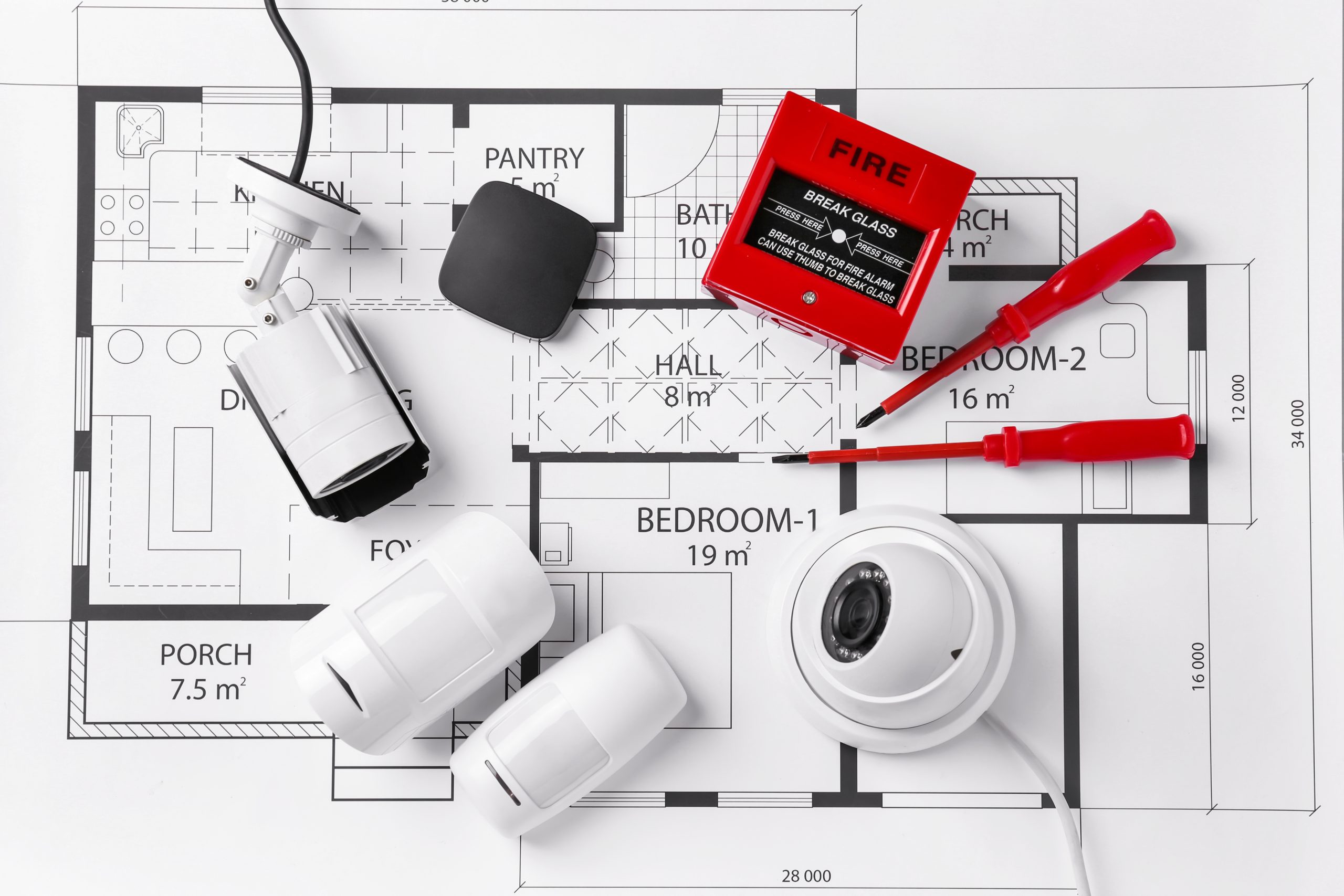 Different equipment of security system on home plan